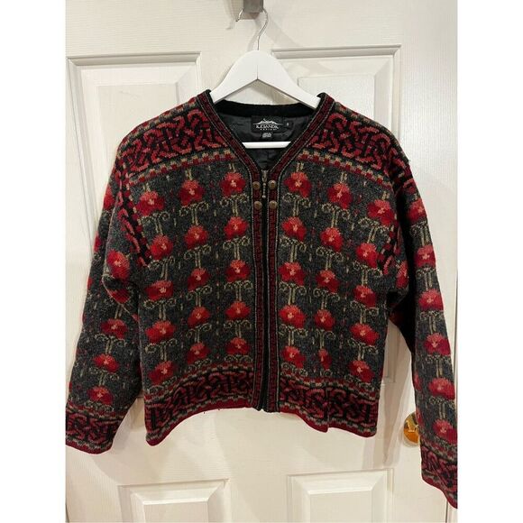 Icelandic Design Wool Gray & Red Poppy Bavarian Style Zip Up Sweater Jacket sz S - Picture 1 of 8